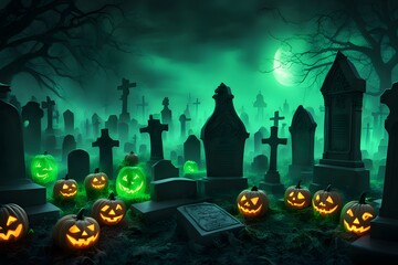 A spooky graveyard with glowing tombstones neon green mist and eerie glowing jack-o-lanterns, Ai Generated