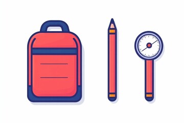 Poster - Simplified icon depicting a backpack  pencil  and protractor   essential school and office supplies represented in a modern  flat design style and isolated against a clean white background