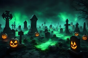 A spooky graveyard with glowing tombstones neon green mist and eerie glowing jack-o-lanterns, Ai Generated