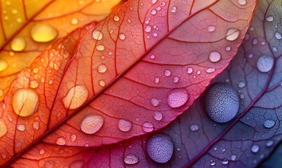 Poster - Vibrant leaves adorned with water droplets, showcasing rich colors and intricate textures in a natural setting.