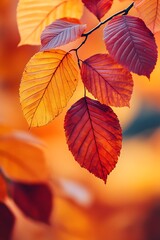 Poster - Vibrant autumn leaves in various shades of red, orange, and yellow, softly illuminated against a blurred background, showcasing nature's seasonal beauty.