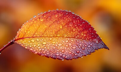 Poster - A close-up of a vibrant autumn leaf with droplets of water, showcasing rich hues of red and orange against a blurred, warm background.