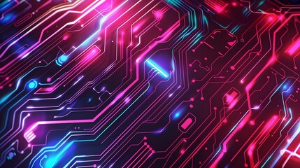 Poster - Glowing Neon Circuit Board Pattern with Intricate Design