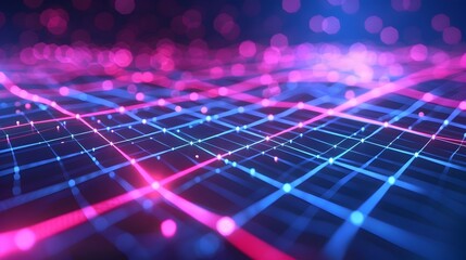 Aufkleber - neon of a digital grid with glowing lines and nodes representing a virtual reality landscape