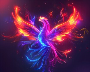 Sticker - Glowing Neon Phoenix Rising from Vibrant Fiery Flames on Cosmic Background