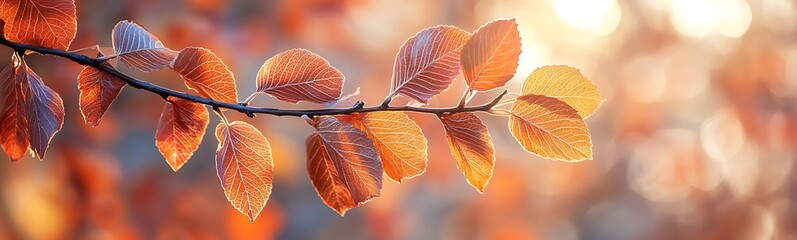 Poster - A close-up of orange leaves on a branch, illuminated by soft sunlight and adorned with dew drops, creating a serene autumn ambiance.