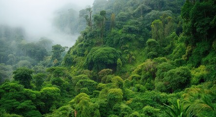 Canvas Print - Lush green rainforest with misty canopy background