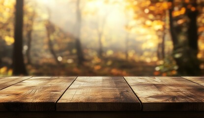 Poster - Abstract background of a wooden desk on an autumnal blur