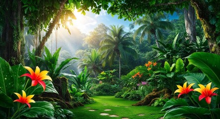 Lush tropical forest with sun dappled leaves and exotic flowers