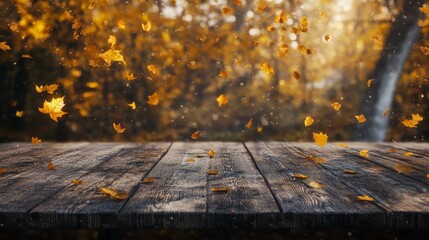 Poster - Red and yellow leaves on a wooden table at sunset - Autumn background