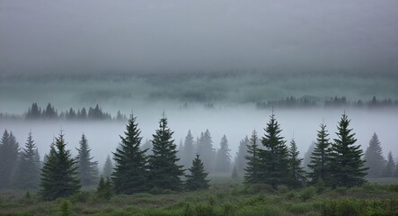 Canvas Print - Muted green pine forest with misty morning fog background