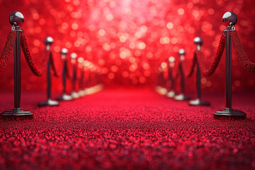 Red Event Carpet. Concept of Success and Triumph, luxury party entrance, cinema premiere film festival event award gala ceremony, wealthy rich guests arriving, outdoor decoration elements, summer day