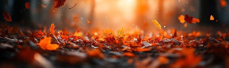 Poster - A serene forest scene with vibrant orange leaves covering the ground, illuminated by warm sunlight filtering through the trees.