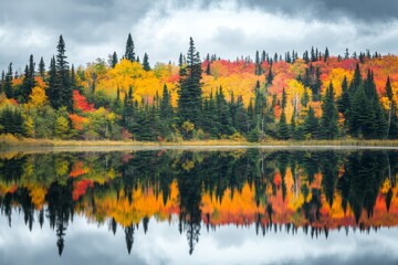 Sticker - Reflection of autumn forest in water. Colorful autumn morning in the mountains. Colourful autumn landscape. Autumn in Canada.