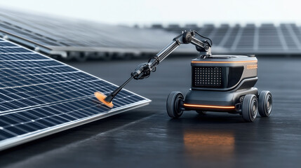 Canvas Print - Autonomous robot cleaning solar panels in a solar farm, showcasing advanced technology and automation for renewable energy maintenance.