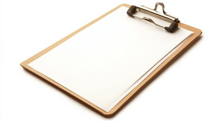 Close-up of a blank clipboard with a wooden base and metal clip, isolated on a white background. Ideal for office and school use.