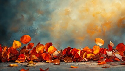 Poster - A serene autumn landscape featuring vibrant orange and yellow leaves with a soft, cloudy backdrop, evoking a peaceful nature scene.