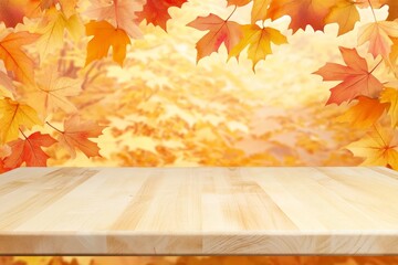 Poster - An empty wooden table and orange autumn leaves over a blurred nature background. An empty area for product display against a fall background.