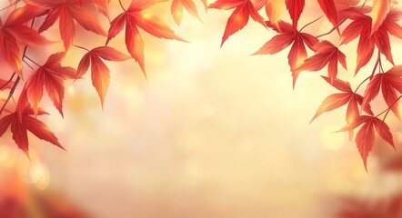 Sticker - An autumn day with beautiful orange fall foliage in the park. Dry fallen leaves cover the ground in bright sunlight. An autumn landscape with maple trees and the sun. Natural background.