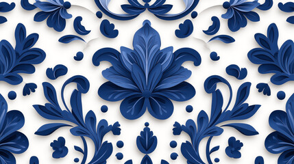 Wall Mural - Seamless decorative blue floral pattern with intricate details and layered design on a white background.