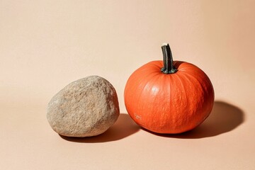 Poster - Autumn background podium display with pumpkins on grey background. Autumn display pedestal with shadows for cosmetic, beauty products.