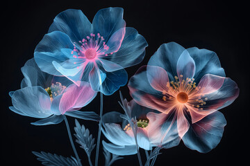 Translucent Blue and Pink Flowers with Glowing Petals in Dark Background