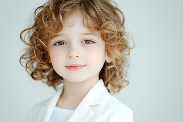 Elegant Portrait of a Smiling Child with Curly Hair in a White Blazer Against a Bright Background