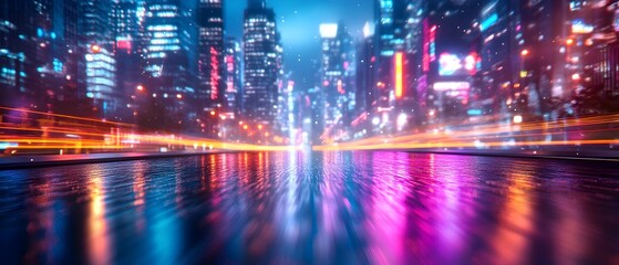 Poster - futuristic cityscape with streets paved in shifting holographic colors that symbolize innovation and