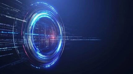 Poster - A 3D rendering of an abstract technology product display background with a glowing sci-fi circle circuit hud on a blue dotted data and microchip background.