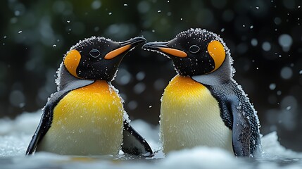Wall Mural - Two King penguins with snow falling around them, looking at each other.