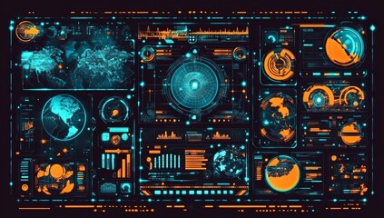 Poster - HUD spacecraft digital screen interface. Graphic interface of a sci-fi space game. Futuristic aiming system.