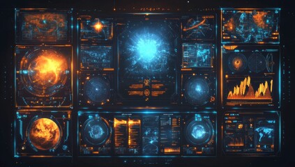 Poster - Interface of the digital screen of a shuttle spacecraft in a sci-fi space game. Aim system. Futuristic concept for aiming. A 3D render.