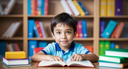 Wall Mural - Curious Caucasian male elementary school child with open book background