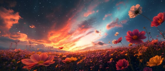 Glowing colorful flowers blooming in a field under a surreal aurora filled sky symbolizing the beauty and wonder of creative imagination and the natural world