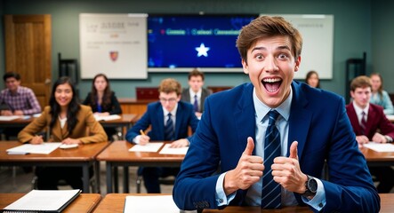 Wall Mural - Excited Caucasian male high school student in debate room background