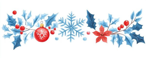 Canvas Print - Decorative elements consisting of flying snowflakes, holly berries, leaves, splash elements, and swirls.