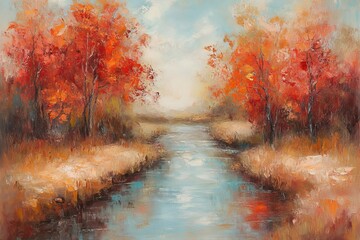 Wall Mural - Isolated autumn forest by the river at morning. Autumn background illustration.