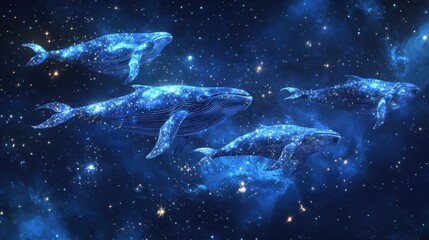 Blue whales made of stars swimming through the night sky, with glowing constellations and celestial light creating a magical atmosphere