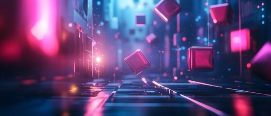 Poster - Surreal neon colored geometric shapes floating in a dark abstract space representing a futuristic and imaginative design concept  The dynamic fluid composition creates a captivating
