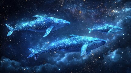 Blue whales made of stars swimming through the night sky, with glowing constellations and celestial light creating a magical atmosphere