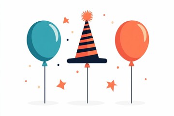 Poster - Vibrant icon featuring a party whistle  colorful party hat  and inflated balloon in a clean  minimalist flat design style  isolated on a white background