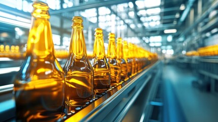 Poster - Bright industrial setting with glass bottles traveling down the production line, ready to be filled in a fast-paced beer production facility