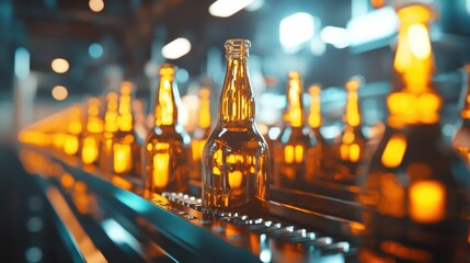 Poster - Bright industrial setting with glass bottles traveling down the production line, ready to be filled in a fast-paced beer production facility