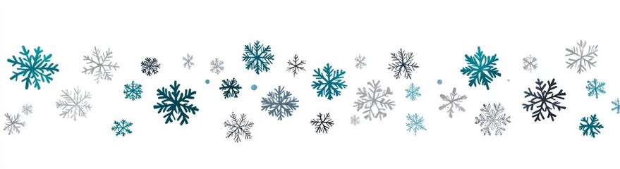 Sticker - A minimal modern background with winter snowflakes. Macro snowflakes flying seamless border, holiday card with many flakes confetti.