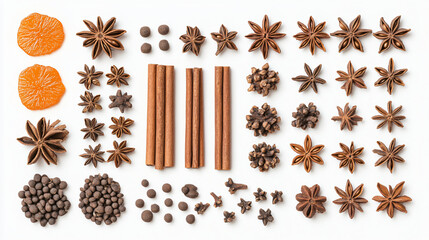 
Cinnamon sticks, sea buckthorn, cloves, star anises isolated on white background

