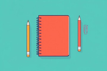 Poster - Minimalist depicting a simple and clean design of a notebook  pencil  and paper clips against a solid background  representing essential office and school supplies  writing tools