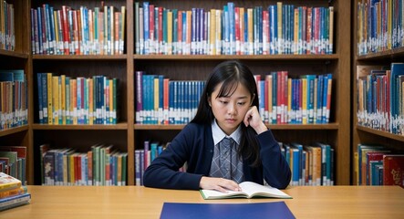 Wall Mural - Pensive Asian female elementary school student in library nook