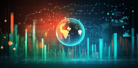 Poster - 3d rendering of abstract global stats data on a digital interface with a world map on a dark technol