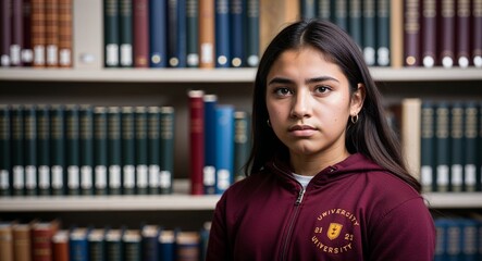 Sticker - Serious Hispanic female teen in university library background photoshoot