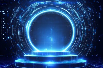 Poster - This is a teleport podium in a circle. A futuristic stage for portal science or HUD projector teleportation. It is a fantasy game magic gate which is a virtual reality circle for GUI and UI is